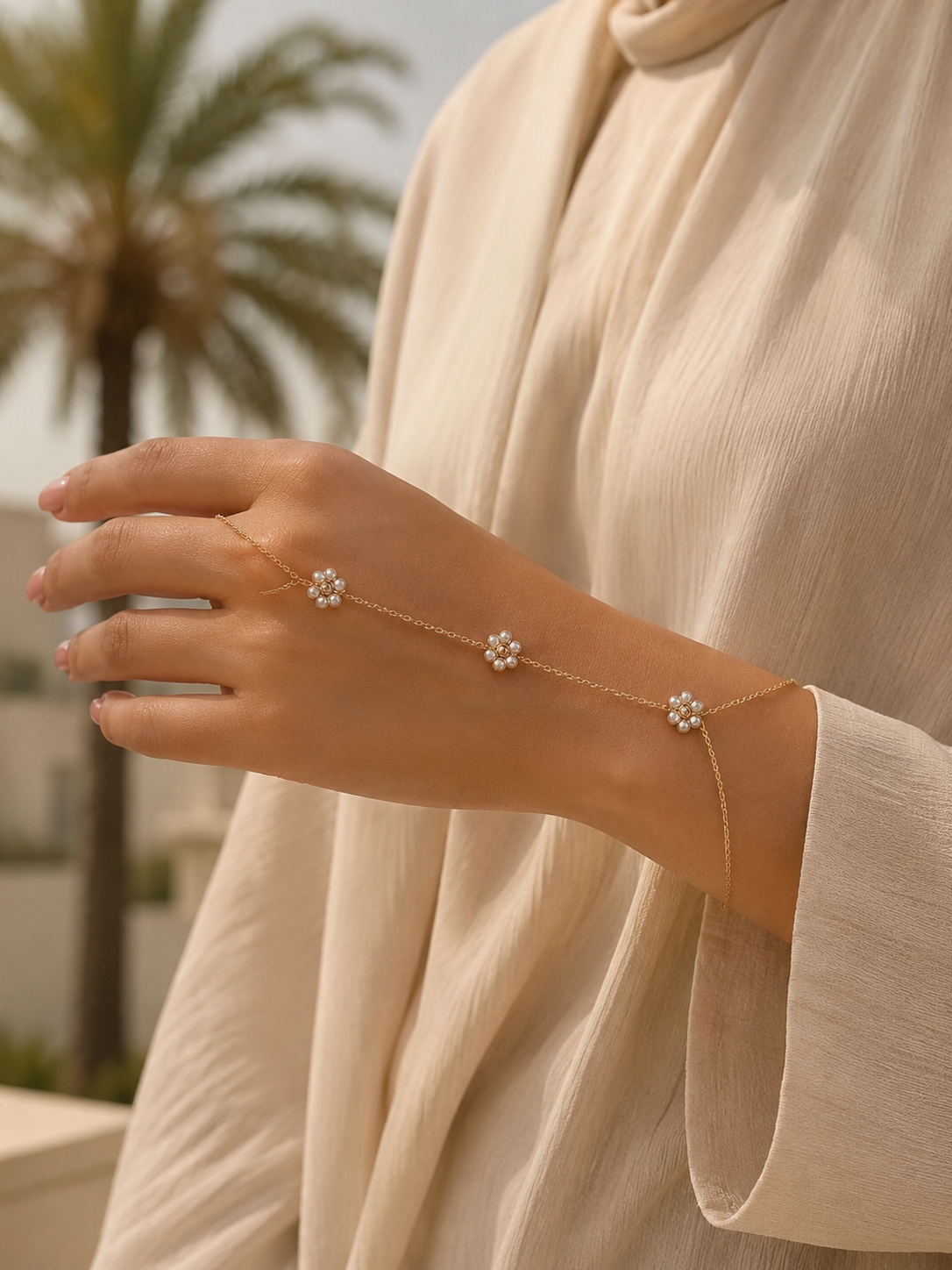 Noor Floral Pearl Hand Chain Bracelet | 
14K Gold-Plated